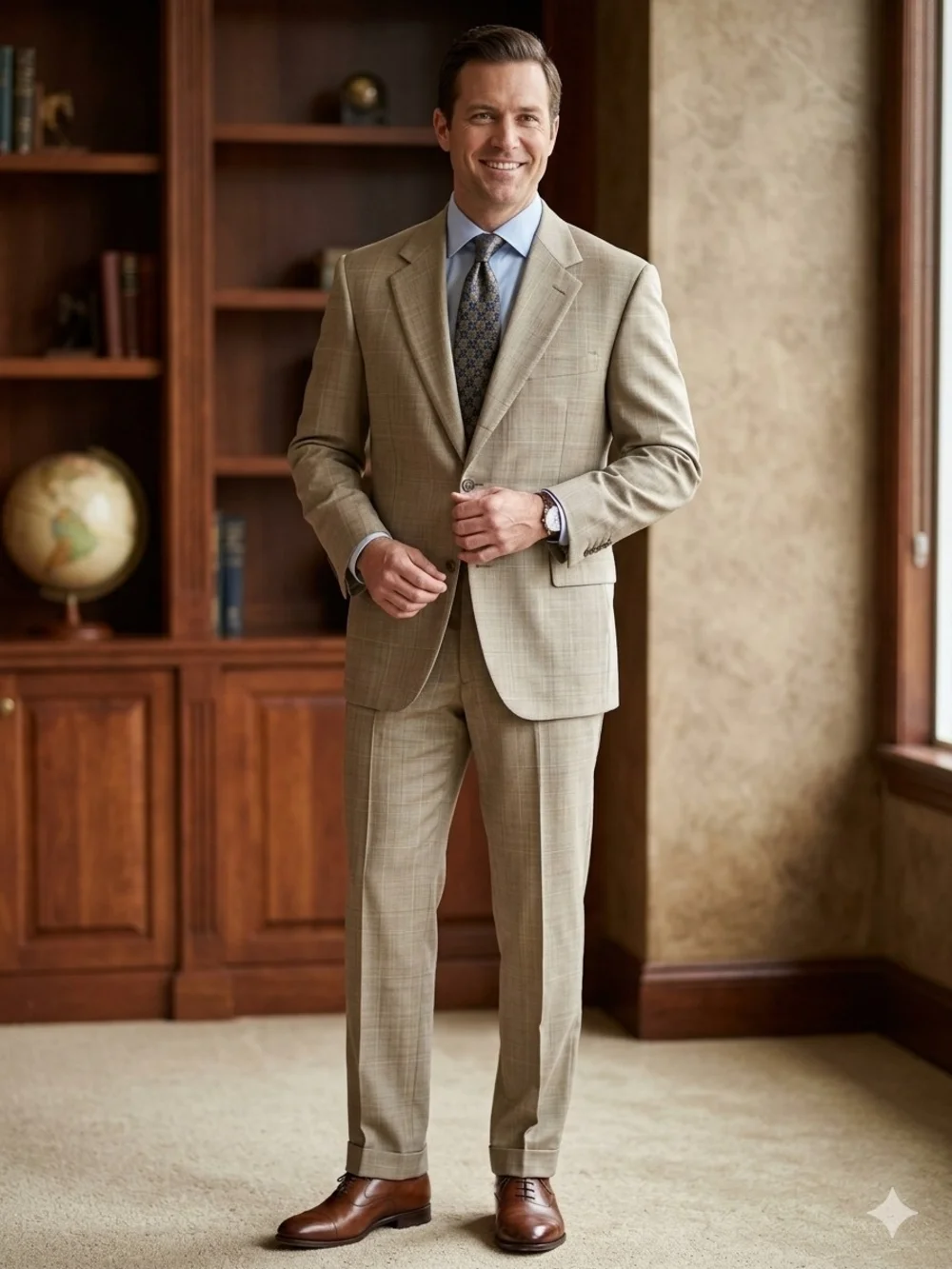 Lands End E.Thomas Super 130s Wool Suit 41R 36R Tan Plaid Italy Fabric Portugal